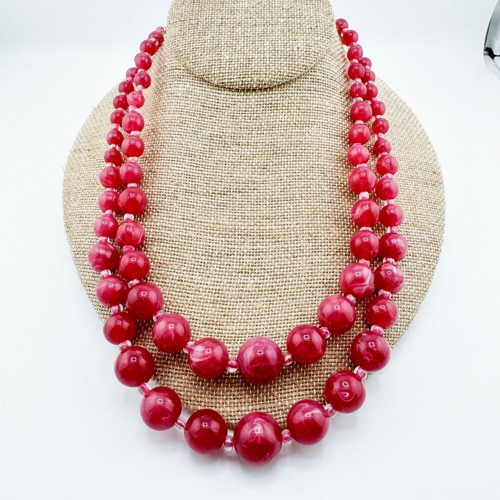 Vintage Pink Lucite Beaded Layered Necklace Retro MCM Lightweight Statement